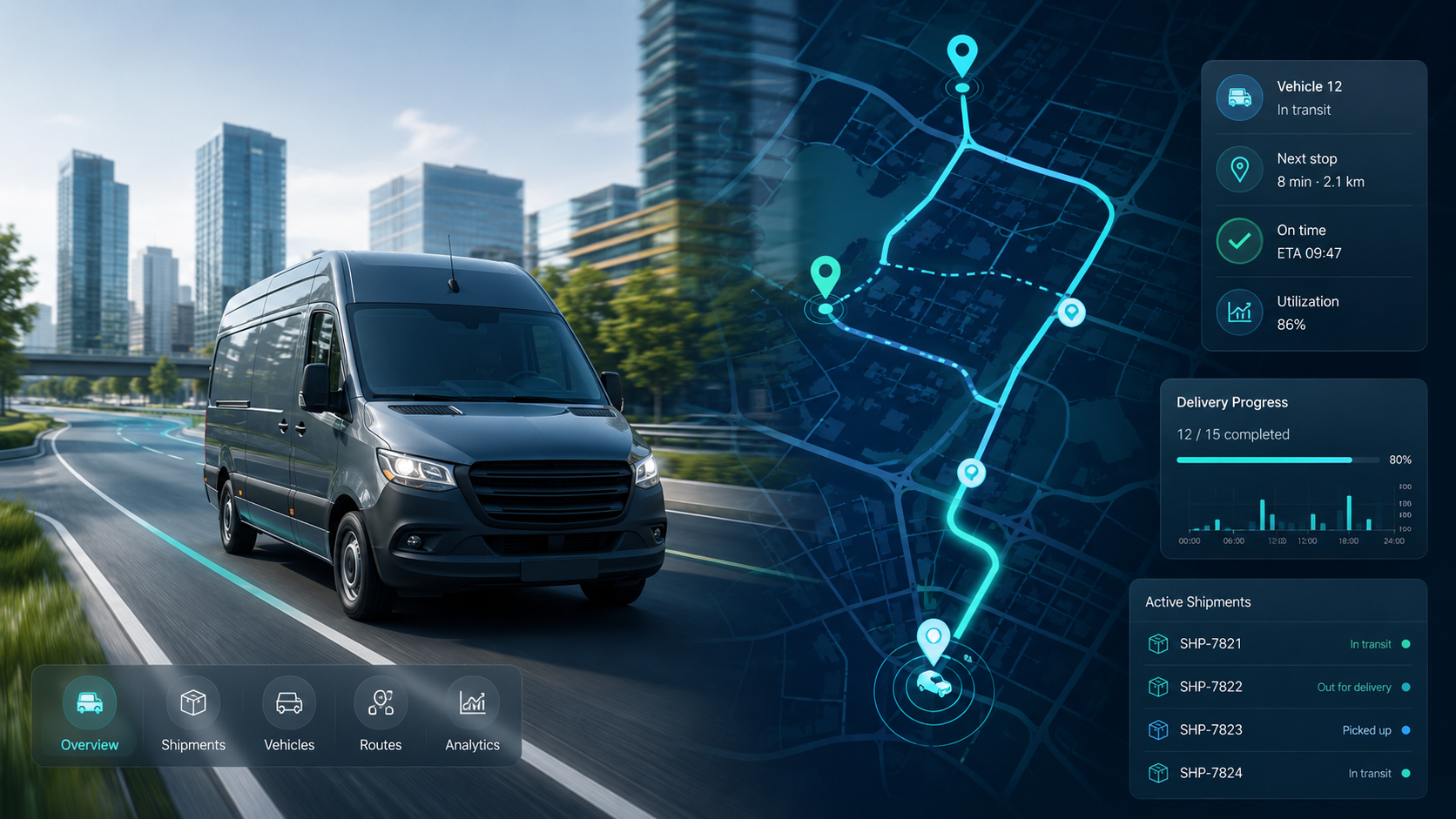 Van en ruta con mapa y panel de seguimiento de envíos